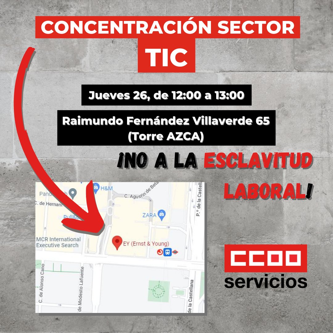 CCOOServMad's tweet photo. 🔴Volvemos a concentrarnos para exigir un #ConvenioTICDigno a los pies de la #TorreAZCA en #Madrid.
📢¡No a la esclavitud salarial!
#NoPrecarityTIC
@serviciosccoo @CCOOMadrid @TICCOOservicios @mabalue https://t.co/HlXtIWrexn