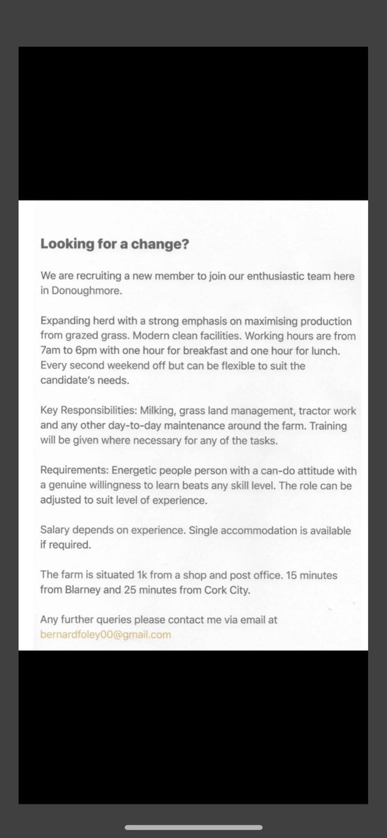 bernardfoley00's tweet photo. Hi all, we are recruiting an extra person to join our team. Expanding dairy herd. Job description in the pictures below. RT’s appreciated https://t.co/f85eNYm1Bt