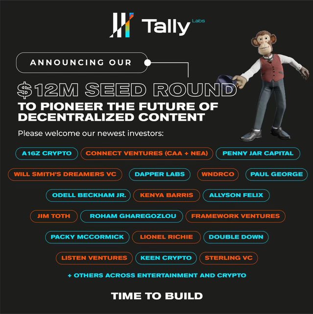 I couldn’t be more excited to announce <a href="/TallyLabsNFT/">Tally Labs</a>’s $12m seed round to continue scaling our community-focused, decentralized content.

We’ve assembled a group of world-class investors, athletes, entertainers, and Hollywood execs to help bring our vision to life. Time to build.
