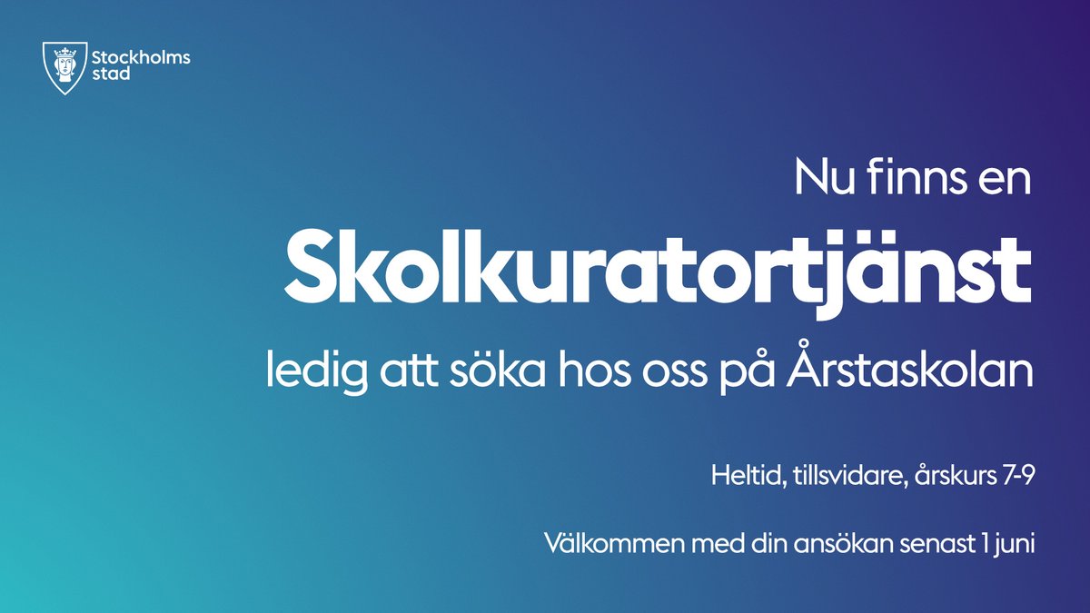 Nu finns det en tjänst ledig som skolkurator att söka hos oss på Årstaskolan. Heltid, tillsvidare och du kommer att arbeta med elever i årskurs 7-9. Välkommen med din ansökan senast den 1 juni.
arbetsformedlingen.se/platsbanken/an…