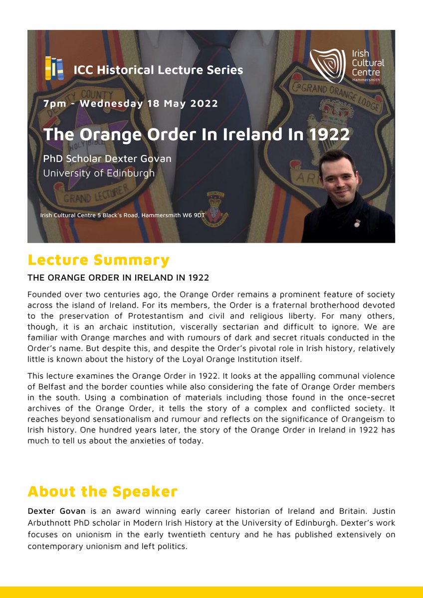 MyICCLondon's tweet photo. 🗓 Wed 18 May ⏰ TONIGHT at 7pm
🚨FINAL CALL🚨
For tickets to tonight's #HistoryLecture on the Orange Order in Ireland in 1922! With award-winning early career historian of Ireland & Britain, @DexterGovan of @EdinburghUni!
🎟BOOK HERE (Limited Spaces): https://t.co/EROsmSc7Ts https://t.co/uXnTgdVsq7