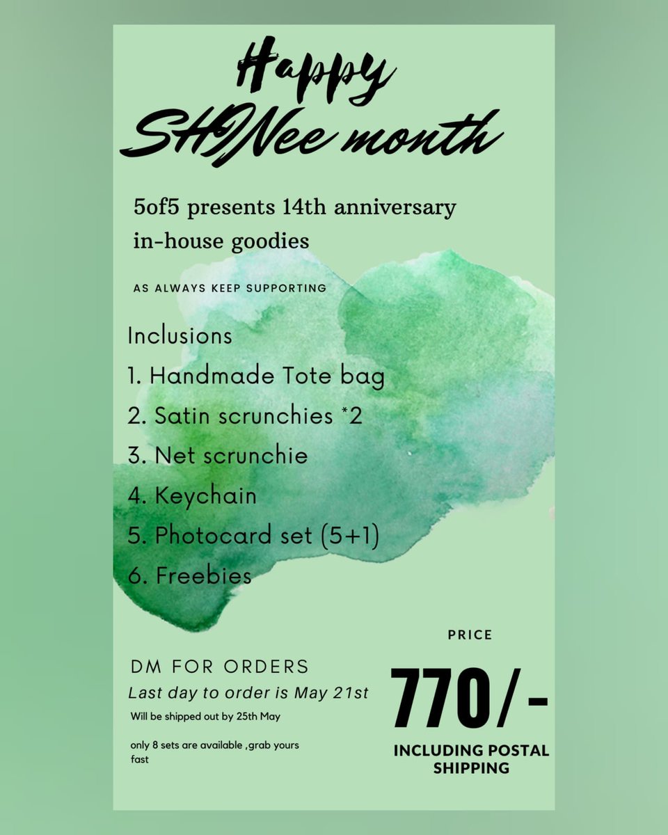 5of5_'s tweet photo. SHINee 14th anniversary in-house goodies
5of5 presents goodie hamper to celebrate #SHINee 's 14th anniversary 
Details are in the image
Please DM for any query and payment details https://t.co/mD31sl57P4