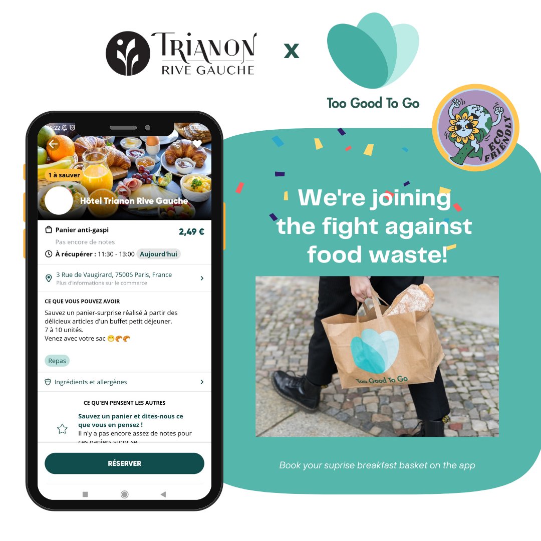 #Ecofriendly #Hotel 🌍
As part of our commitment as a #greenhotel, we are proud to join @TooGoodToGo_Fr! The team is fully involved in fighting #foodwaste💪
How does it work?
🧺 Book a surprise breakfast basket on the app
👏 You just saved one meal = 2,5Kg of CO2 saved