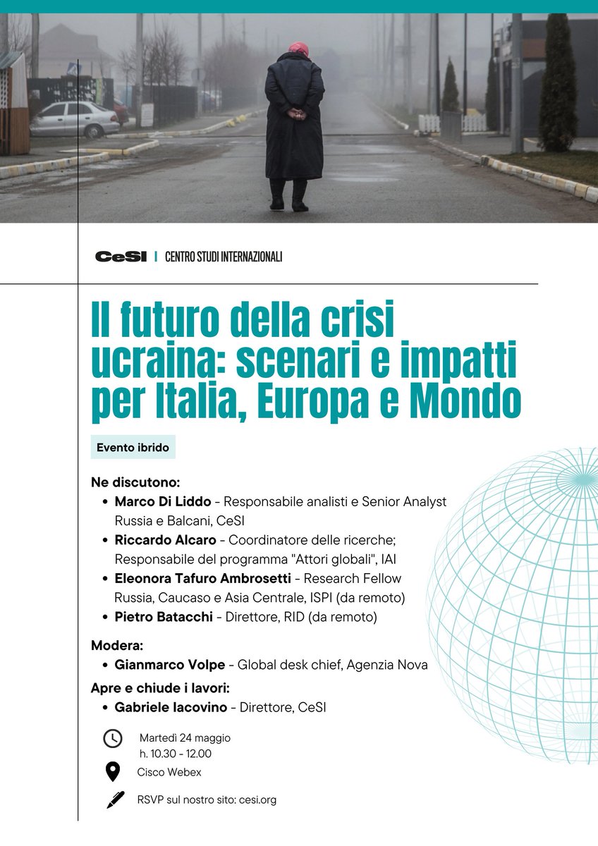 CentroStudiInt's tweet photo. L'evento proverà a "guardare avanti" e a delineare quale sarà il futuro della guerra tra #Russia ed #Ucraina e, più in generale, quale #mondo sarà il mondo post-Ucraina.

🗓️ Martedì 24 maggio 
⏰ 10.30 - 12.00 
📍 Cisco Webex

👉 Registrati ora: https://t.co/pZwJCZ4QCL https://t.co/Y03f1jzuHl