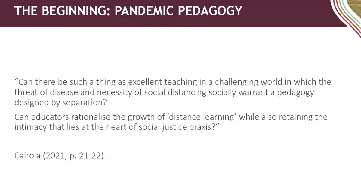 johncoup's tweet photo. Decolonising learning techniology webinar - Dr Sonja Strydom, Stellenbosch University, asks how we can learn from pandemic pedagogy and from the separations that are inherent in our curricula, pedagogies and technologies.

#altwm_decolonise #ALTWM https://t.co/MxunEY0esl