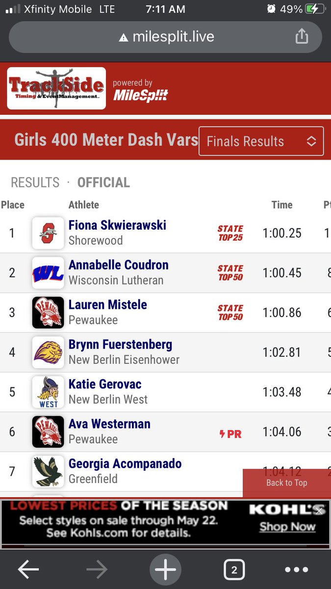 HUGE PRs in the 400m by <a href="/MisteleLauren/">lauren mistele</a> and N. Borckmann earning bronze and silver!!