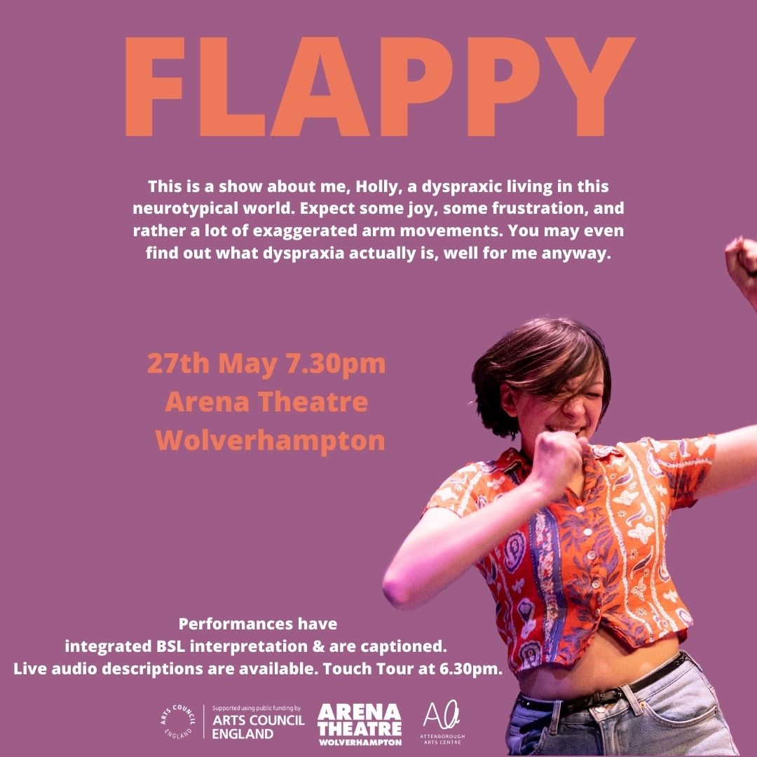 Arena_Theatre's tweet photo. We're on countdown until Holly Clark brings Flappy to our main auditorium next week! ⏳ 

This performance will also be BSL interpreted, audio described and captioned, with a touch tour taking place at 6.00pm 🙌

📅 Friday 27th May
🕣 7.30pm
🎟️ https://t.co/PoPoSZ8gEK https://t.co/rIfivfwLzE