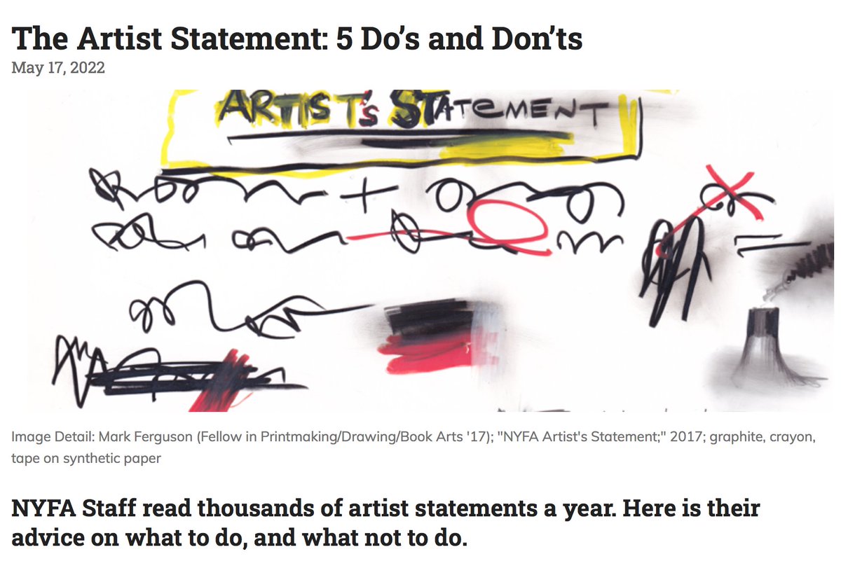 📸If you've had requests for an Artist Statement &amp; felt stumped, read this helpful article from New York Foundation for the Arts: The Artist Statement: 5 Do's &amp; Don'ts  nyfa.org/blog/the-artis… via <a href="/nyfacurrent/">NYFA</a>