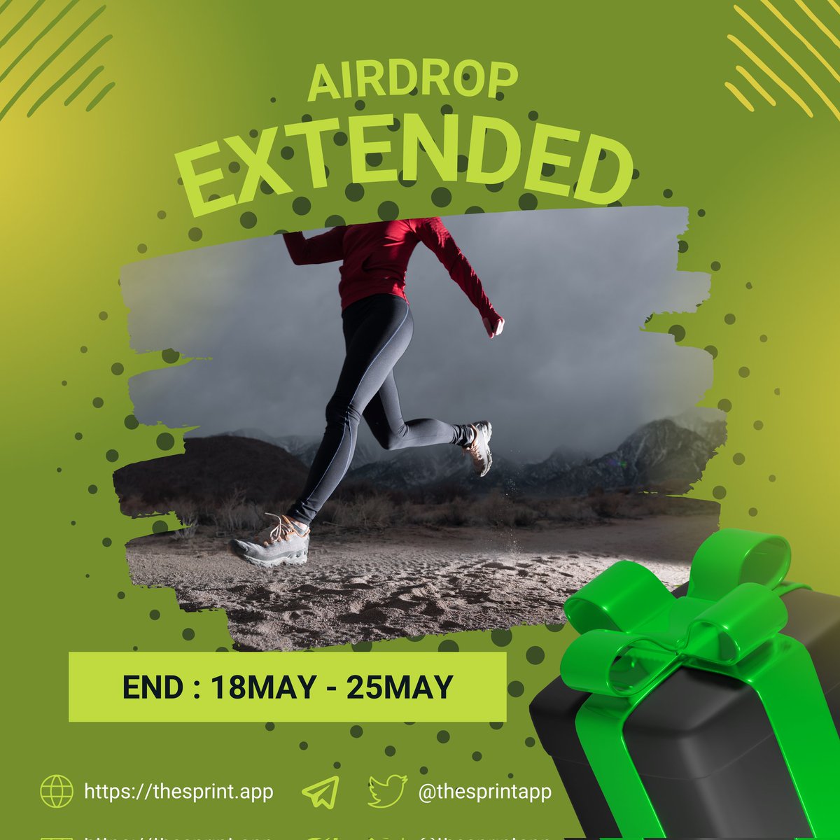 🏃‍♀️Hey Sprinters,

🌟Due to the overwhelming response on our airdrop, we have decided to extended the airdrop till 25th May.

 👉 JOIN Airdrop Now:

gleam.io/competitions/3…

#Sprint #MovetoEarn #airdrop #giveaway #Airdrops #M2E #BSC #BSCGem