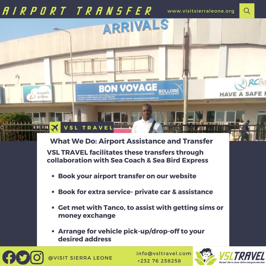 VisitSL's tweet photo. With one click on our website, you can book your airport transfer- get your boat ticket, private car &amp; assistance all at once without moving an inch

Just relax and be taken care of!

#airporttransfer #vsltravel #salone #freetown #lungi #salonetwitter https://t.co/omMNUIsR9i