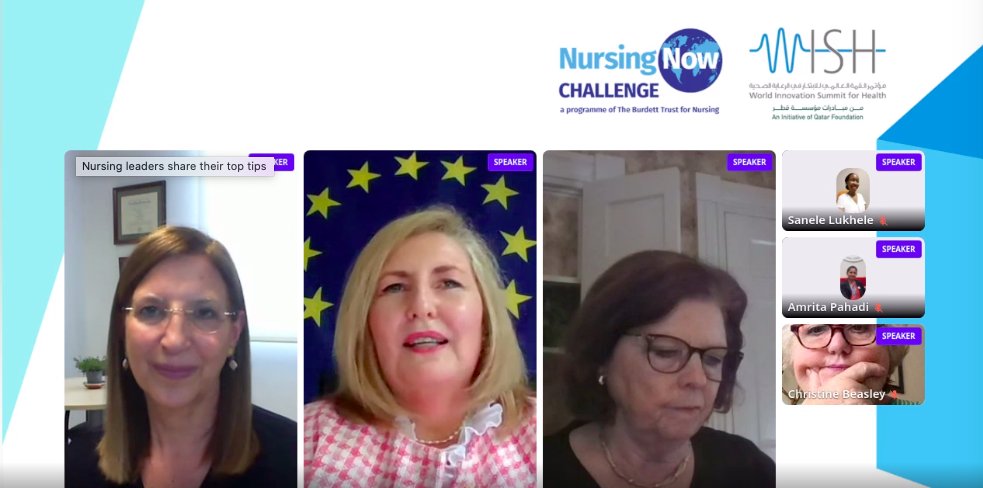 NursingNow2020's tweet photo. Huge thanks to the #NursingNowChallenge Board members @maureenbis @AdelaidaZabale1 @jillfwhite #ElizabethAdams @EFNBrussels & #ChrisBeasley for joining us this morning to share their top tips for our future #nurse leaders!
#PreWHA75 #Leadership https://t.co/P3F9a7HPlH