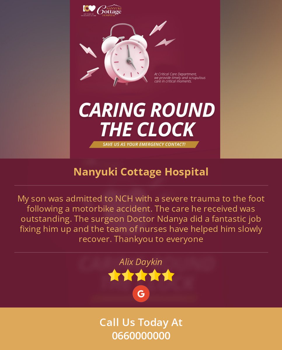 NanyukiCottage's tweet photo. 5 Star: Alix D. "My son was admitted to NCH with a severe trauma to the foot following a motorbike accident...." https://t.co/j4xflWoDyc https://t.co/1XKunJo2e5