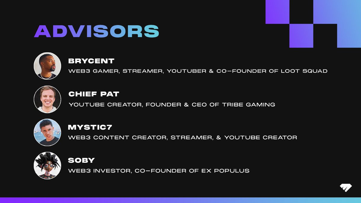 FreshCut (@freshcut) on Twitter photo We also have a great group of advisors 🙏
⭐ <a href="/brycent_/">Brycent</a> (web3 gamer, content creator & co-founder of Loot Squad)
⭐ @chiefpat (YouTube Creator, founder & CEO, Tribe Gaming)
⭐ <a href="/MYSTIC7/">Brandon Martyn</a> (web3 content creator, YouTuber, streamer)
⭐ @sobylife (web3 investor, co-founder, <a href="/ExPopulus/">Ex Populus LAMO</a>) We also have a great group of advisors 🙏
⭐ <a href="/brycent_/">Brycent</a> (web3 gamer, content creator & co-founder of Loot Squad)
⭐ @chiefpat (YouTube Creator, founder & CEO, Tribe Gaming)
⭐ <a href="/MYSTIC7/">Brandon Martyn</a> (web3 content creator, YouTuber, streamer)
⭐ @sobylife (web3 investor, co-founder, <a href="/ExPopulus/">Ex Populus LAMO</a>)