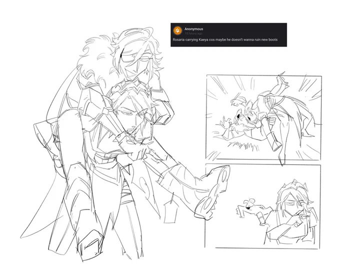 13 . rosaria carrying kaeya bc he doesnt wanna ruin his new boots 