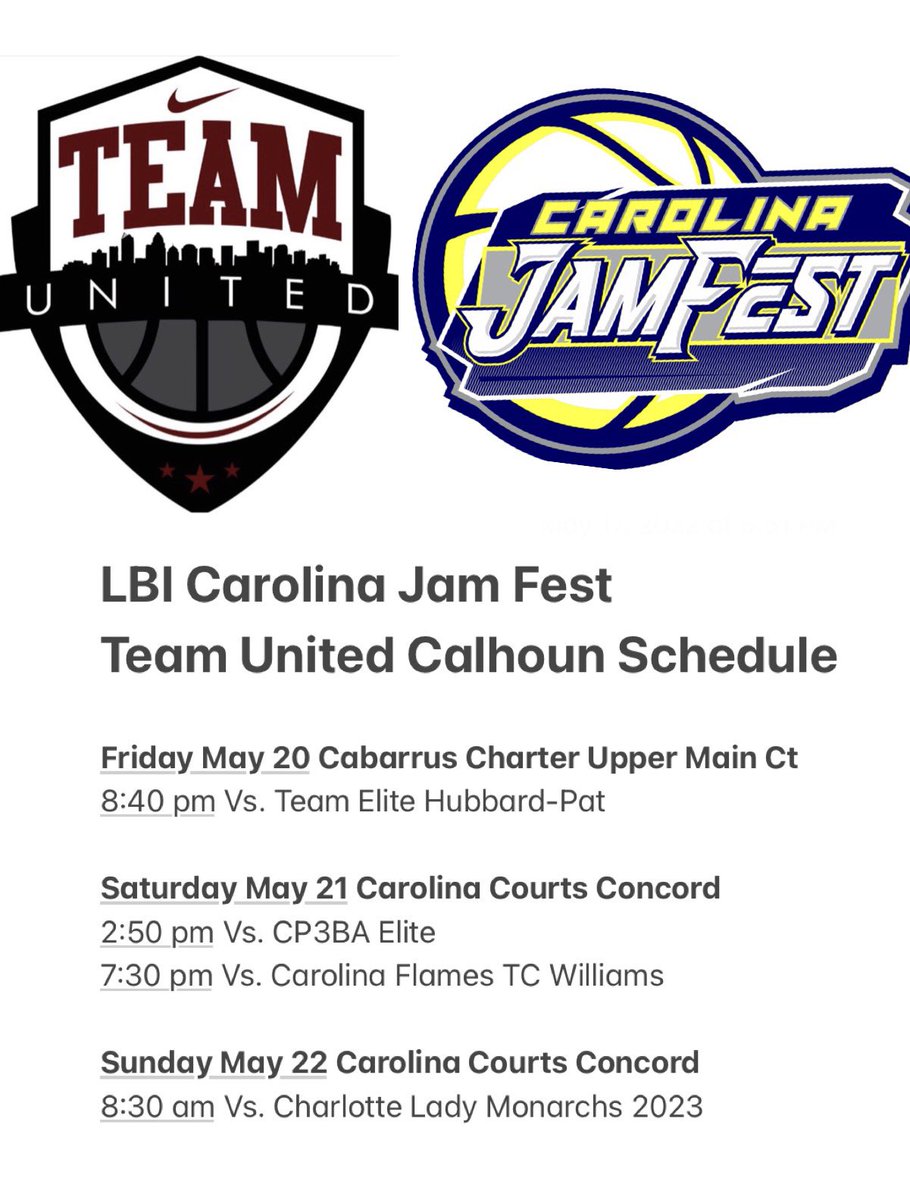 Team United Girls (@tugirlsbb) on Twitter photo 🚨College Coaches 🚨Schedule for Team United Calhoun in <a href="/LBI_Carolina/">Coach Wright</a> Jam Fest. Don’t Miss out! Team Competes at High Level!! Will be emailing roster/player profiles this evening. DM if interested 🚨College Coaches 🚨Schedule for Team United Calhoun in <a href="/LBI_Carolina/">Coach Wright</a> Jam Fest. Don’t Miss out! Team Competes at High Level!! Will be emailing roster/player profiles this evening. DM if interested