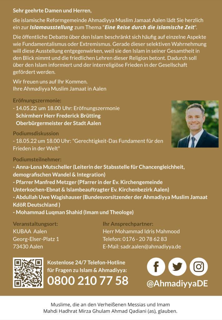 AMJ_Aalen's tweet photo. Das Highlight des heutigen Tages auf der Islamausstellung in Aalen: Podiumsdiskussion zum Thema "Gerechtigkeit - Das Fundament für den Frieden in der Welt". Heute Abend um 18:00 Uhr, Eintritt frei. Gäste herzlich willkommen. 
@AhmadiyyaDE
#Ahmadiyya #Islam #Frieden #Gerechtigkeit https://t.co/xlQBKWO7y2