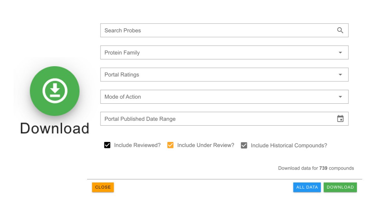 It's here: you can now download all the data on the Chemical Probes Portal! Use our new feature to download the full dataset, choose individual chemical probes or filter by protein target, target family, expert rating etc. 
Find out more: chemicalprobes.org/news/new-featu…