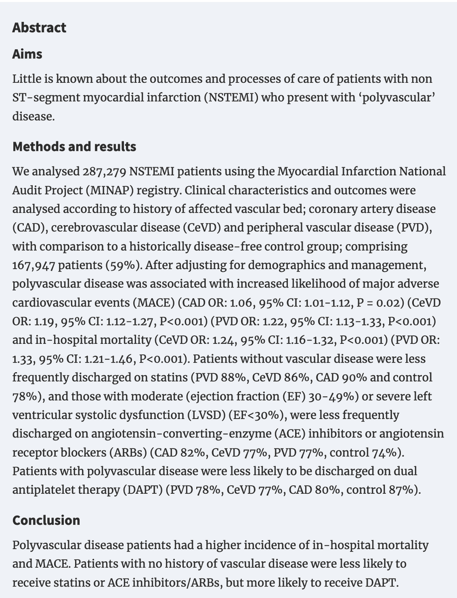 congratulations to Nick Weight ACF (co-led with saadiq moledina) for his 1st paper with Keele CVRG studying association between pre-existing vascular disease and outcomes in NSTEMI➡️ academic.oup.com/ehjqcco/advanc… with <a href="/tristonsmithmd/">Triston B.B.J. Smith MD MGM FSCAI</a> <a href="/DrSarahjZaman/">A/Prof Sarah Zaman</a> <a href="/JSillerMatula/">Jolanta SillerMatula, MD PhD</a> <a href="/gbiondizoccai/">Giuseppe Biondi-Zoccai</a>