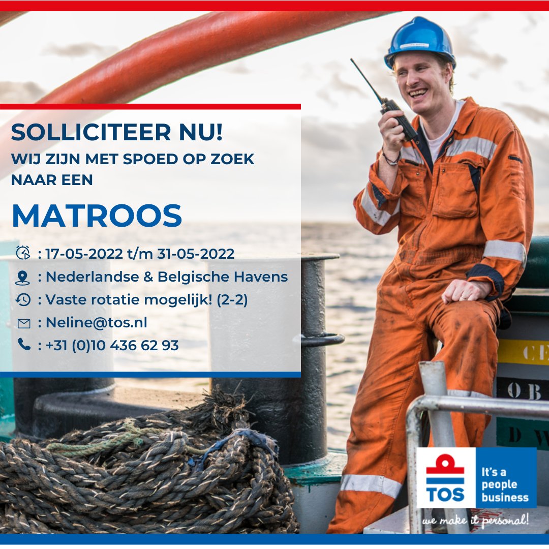 VACATURE: Matroos Havensleep

Ben je toe aan een nieuwe uitdaging in de Havensleep? Wij zijn namelijk voor een aantal nieuwe &amp; moderene sleepboten per direct op zoek naar Matrozen voor verschillende Nederlandse en Belgische havens. 

tos.nl/vacancy/matroz…