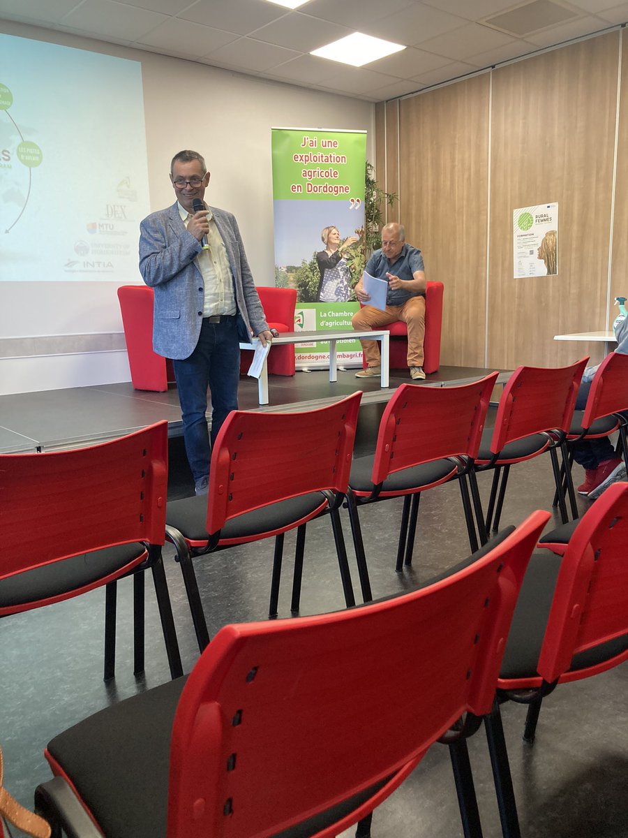 HincksCentre's tweet photo. We visited @ChambagriFrance in Dordogne yesterday. The President of Chambre d'agriculture de Dordogne, Jean-Philippe Granger, took to the stage to introduce the final meeting for the #RuralFemmes @EUErasmusPlus project. #RuralDevelopment #Entrepreneurship https://t.co/XeW2lUMtlO