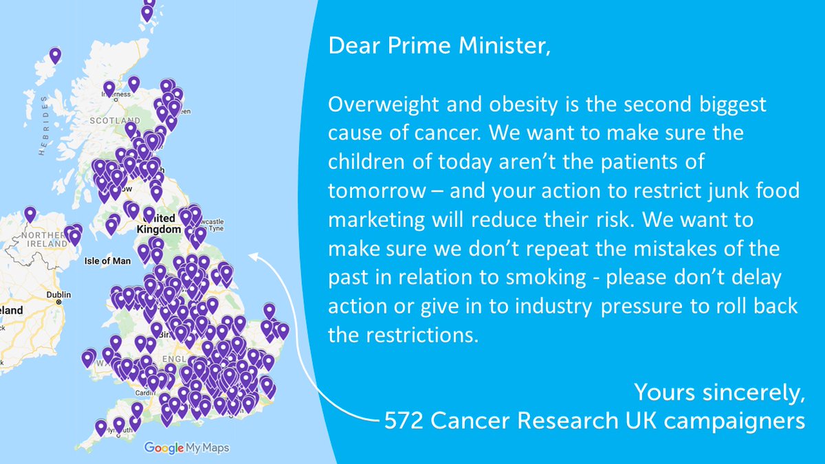<a href="/BorisJohnson/">Boris Johnson</a> <a href="/10DowningStreet/">UK Prime Minister</a> <a href="/sajidjavid/">Sajid Javid</a> @david4wantage Please protect our children from #obesity and don't postpone restrictions on junk food advertising to children. Join me and 571 other <a href="/CRUK_Policy/">Cancer Research UK Policy</a> Ambassadors in supporting this action already agreed by #Parliament  👇
