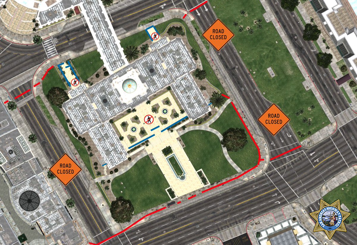 Sahp_official's tweet photo. Afin de permettre aux personnes souhaitant exercer leur droit à manifester dans des conditions de sécurité convenables.

Dès 19h30, ce mercredi  la circulation sera  interdite sur Abe Milton Parkway et Rockford Drive (voir plan).

Installation de blocs béton autour du parvis. https://t.co/MrEahSdQOn
