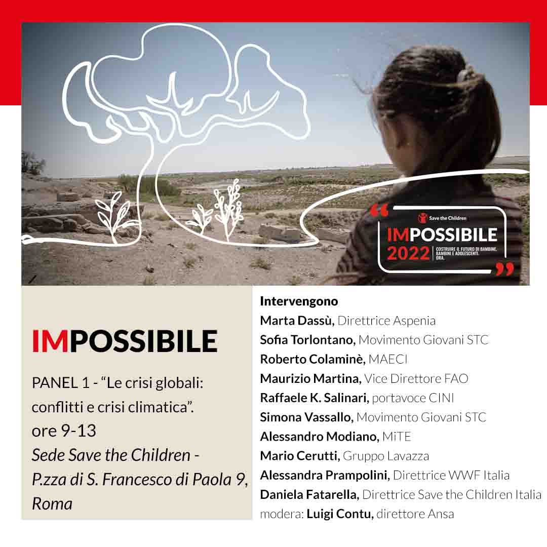 Il 20/5 parleremo di come tutelare i minori nelle crisi globali, una sfida che vogliamo diventi POSSIBILE. Grazie a tutti gli ospiti che parteciperanno e porteranno il proprio prezioso contributo a #ImPossibile nel panel "Le crisi globali: conflitti e crisi climatica".