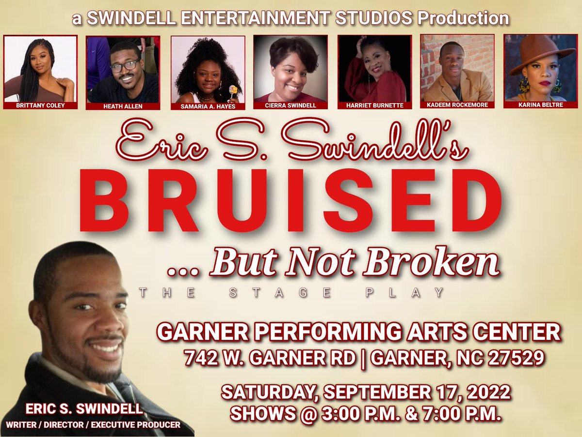 EricSSwindell's tweet image. Eric S. Swindell’s BRUISED… But Not Broken is a hard-hitting, Comedy-Drama Stage-Play 

EARLYBIRD TICKETS ON SALE:
Friday, July 1, 2022

#Actor #Writer #Director #Producer #Author #Music #StagePlay #Theatre #Entertainment #Comedy #Drama #LiveEvent #Laugh #Cry #Upcoming