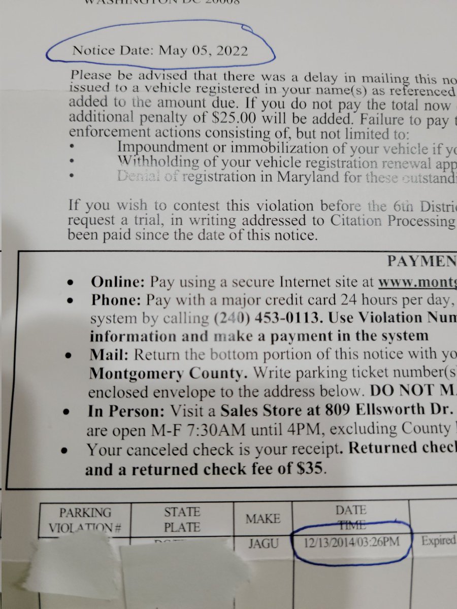 Incredible! @montgomeryCoMD just issued me a ticket from 2014!! Acknowledged the "delay" and added late fees to boot. And to dispute it, you have to make the full payment as collateral <a href="/MoCoCouncilMD/">Montgomery Council</a>. Is someone taking the piss?