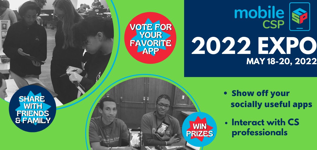 mobilecsp's tweet image. Our 8th annual #MobileCSP app expo is now live! Join us to view and vote for apps that students have made this year with @MITAppInventor in #APCSP | for access register at mobile-csp.org/expo | Reminder: virtual college fair &amp;amp; closing ceremony is May 20 at 10 AM ET