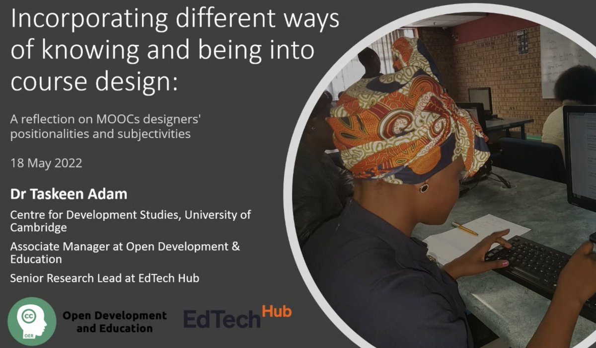 johncoup's tweet photo. @TaskeenAdam is speaking at the #ALTWM webinar, ‘decolonising learning technology’, on "Incorporating different ways of knowing and being into course design” #ALTWM_decolonise https://t.co/tbINqgFbLv