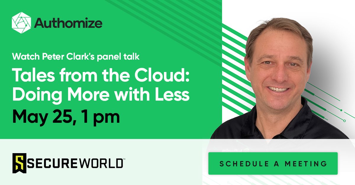 authomize's tweet photo. Join Peter Clark, our Director of Solutions Engineering, in a @SecureWorld panel discussion: "Tales from the Cloud: Doing More with Less" - 1:00 pm, 5/25.
Save your spot by clicking here π
https://t.co/XvxYSUOWyc
#SWATL22 #authomize #cloud #secureworld #cybersecurity https://t.co/3vODpAgeBP