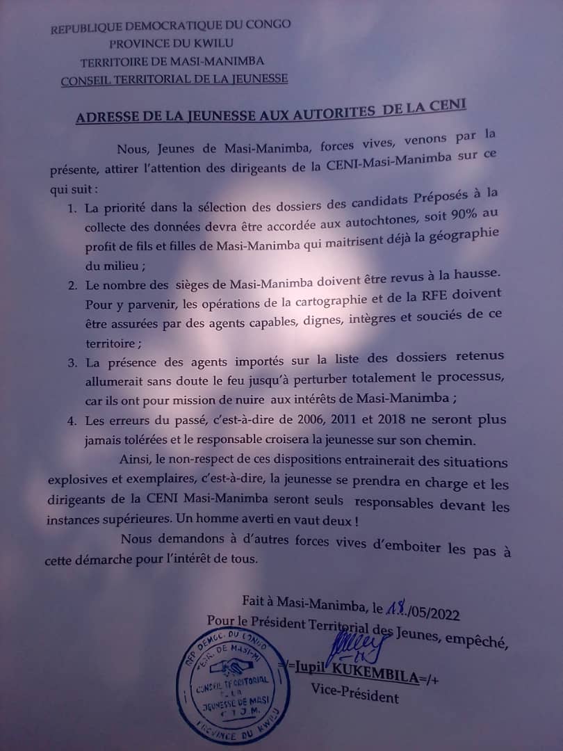 #Rdc Les jeunes de Masi-manimba province kwilu forces vives, venons par la présente attirer l'attention des différentes de la Ceni Masi-manimba sur qui suit :