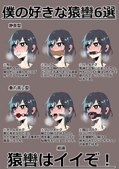 僕の好きな猿轡をなんとか6つに絞ってそれぞれの良さを記載したイラストを描きました。
これで世界のえっち絵描きの皆さんが猿轡をつけた拘束えっち絵を描いてくれたら僕は成仏できます。 