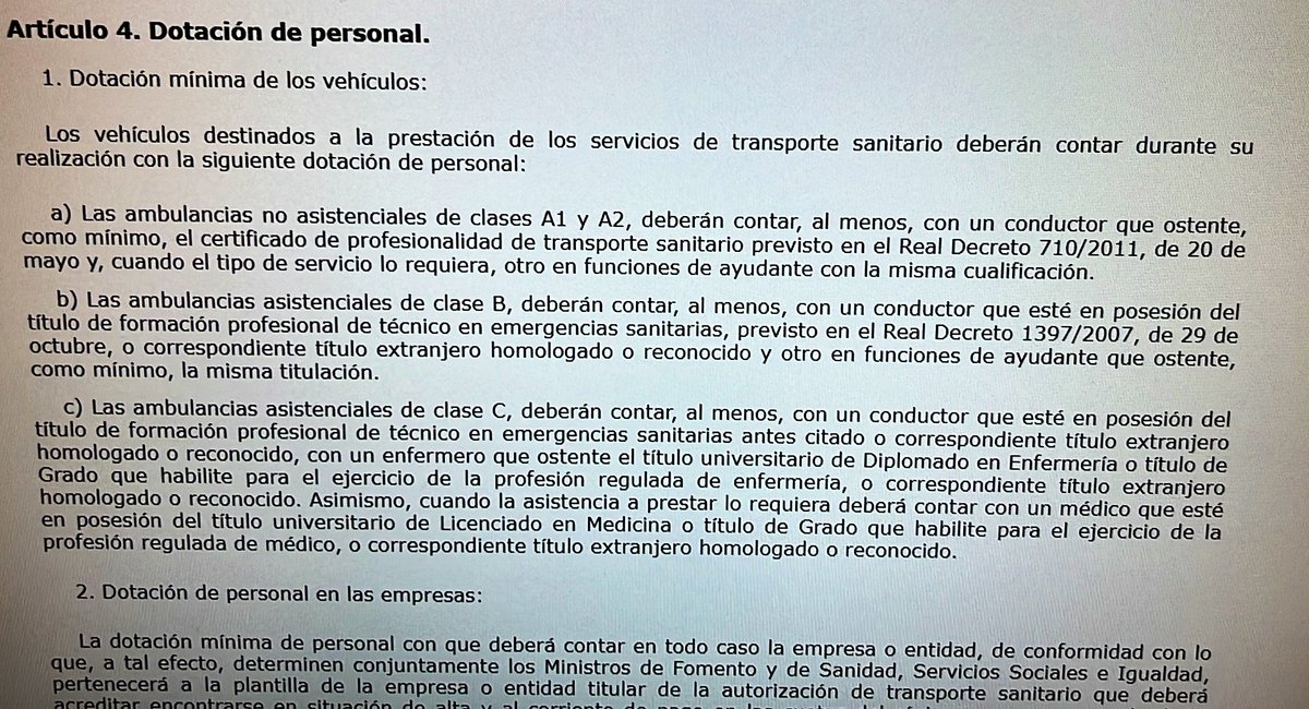 SVAE_SEMES's tweet photo. Dicen que no se trata de “una UVI móvil al uso”. Permítannos remarcar el articulo 4 del RD 836/2012, por el que se establecen las características técnicas, equipamiento sanitario y DOTACION DE PERSONAL de los vehiculos de transporte sanitario por carretera https://t.co/bxg7Ye7VEv