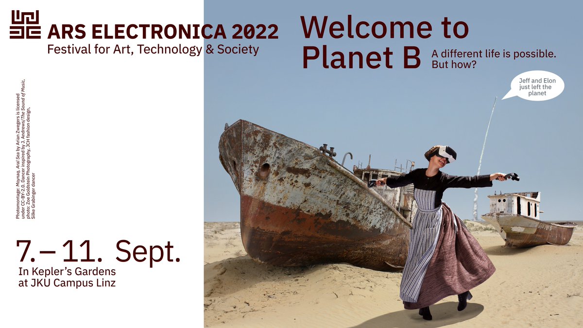 ArsElectronica's tweet photo. What is Julie Andrews doing in the Aral Sea with VR goggles? 
Gerfried Stocker, Artistic Director of Ars Electronica, explains the thoughts behind the festival subject "Welcome to Planet B" and tells us how the image was created.
👉 https://t.co/wuAnh1ZHCE https://t.co/fHdscsbpAM