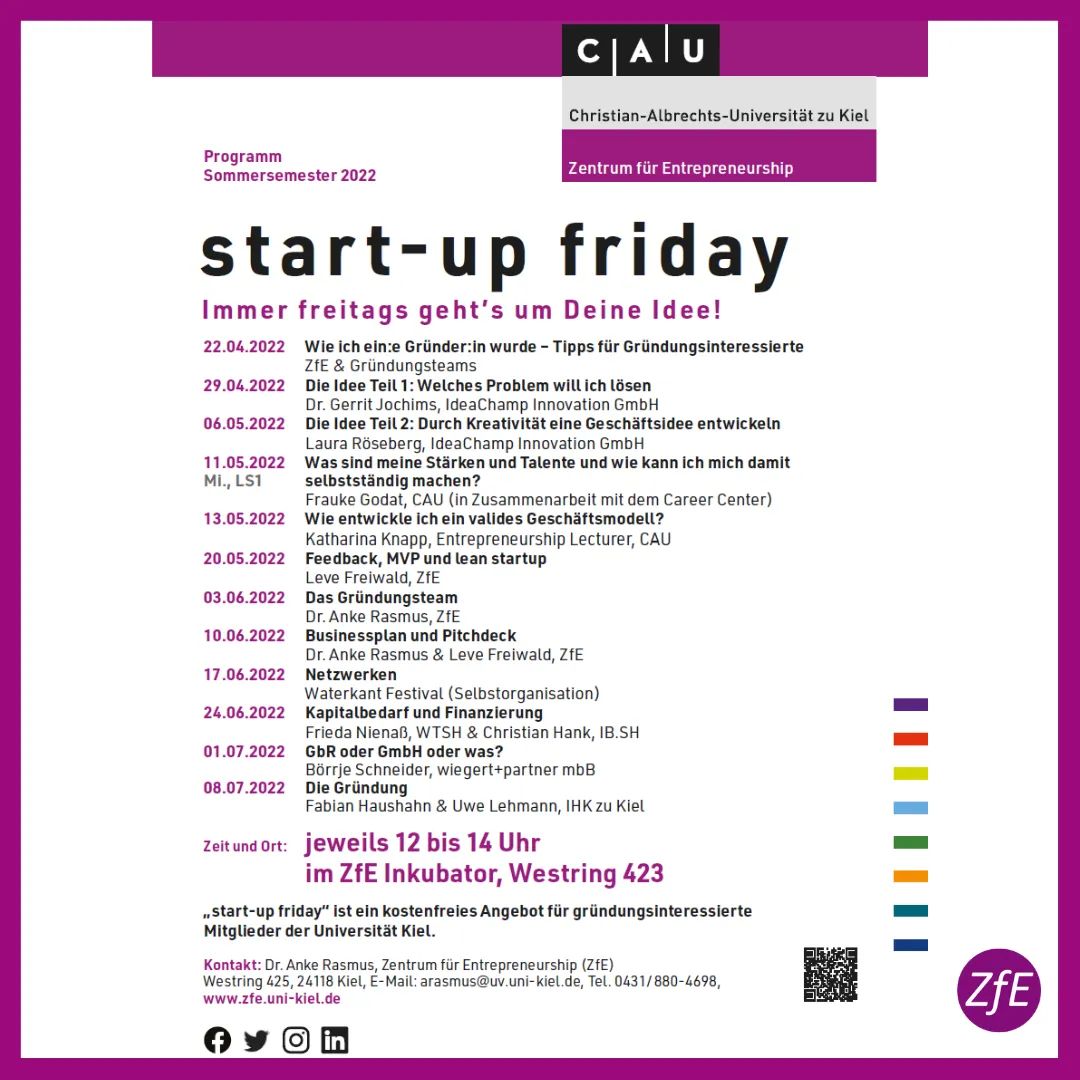 Unser Angebot für gründungsinteressierte Mitglieder der <a href="/kieluni/">Universität Kiel CAU 🎓</a>.  
<a href="/Start_Up_SH/">StartUpSH</a> #startup #zfe #Entrepreneurship