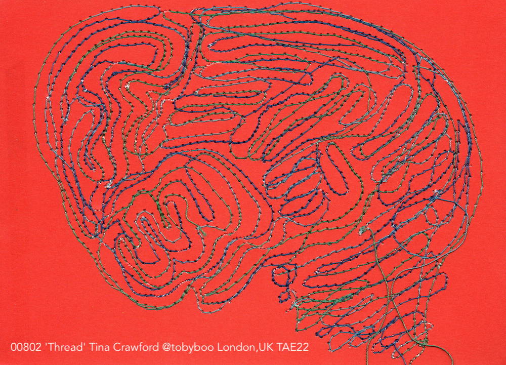 PAEartforacause's tweet photo. 'Thread' Tina Crawford @tobyboo (London, UK) 
 
Thank you Tina for this unique TAE postcard and for supporting the charity. 

#TAE22 supporting @Encephalitis Society.
Art Sale: 25/26 June in #YORK. Online sales open 29 June

#Encephalitis #EncephalitisHelp https://t.co/PSH7a54Oy2
