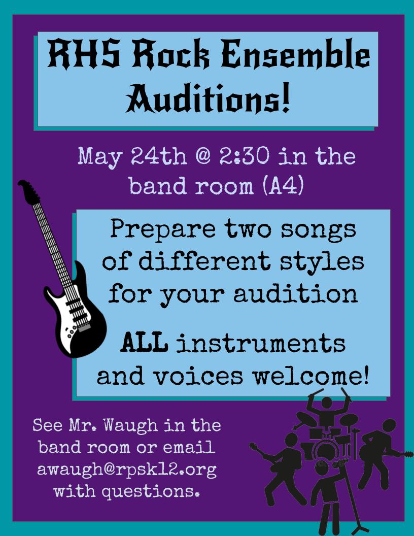 mrwaughmusic's tweet photo. Next Tuesday we are holding auditions for next year's band! All voices and instruments are welcome.
#RHSRockEnsemble #RockEnsemble #Revere https://t.co/P4Bp53ks9K