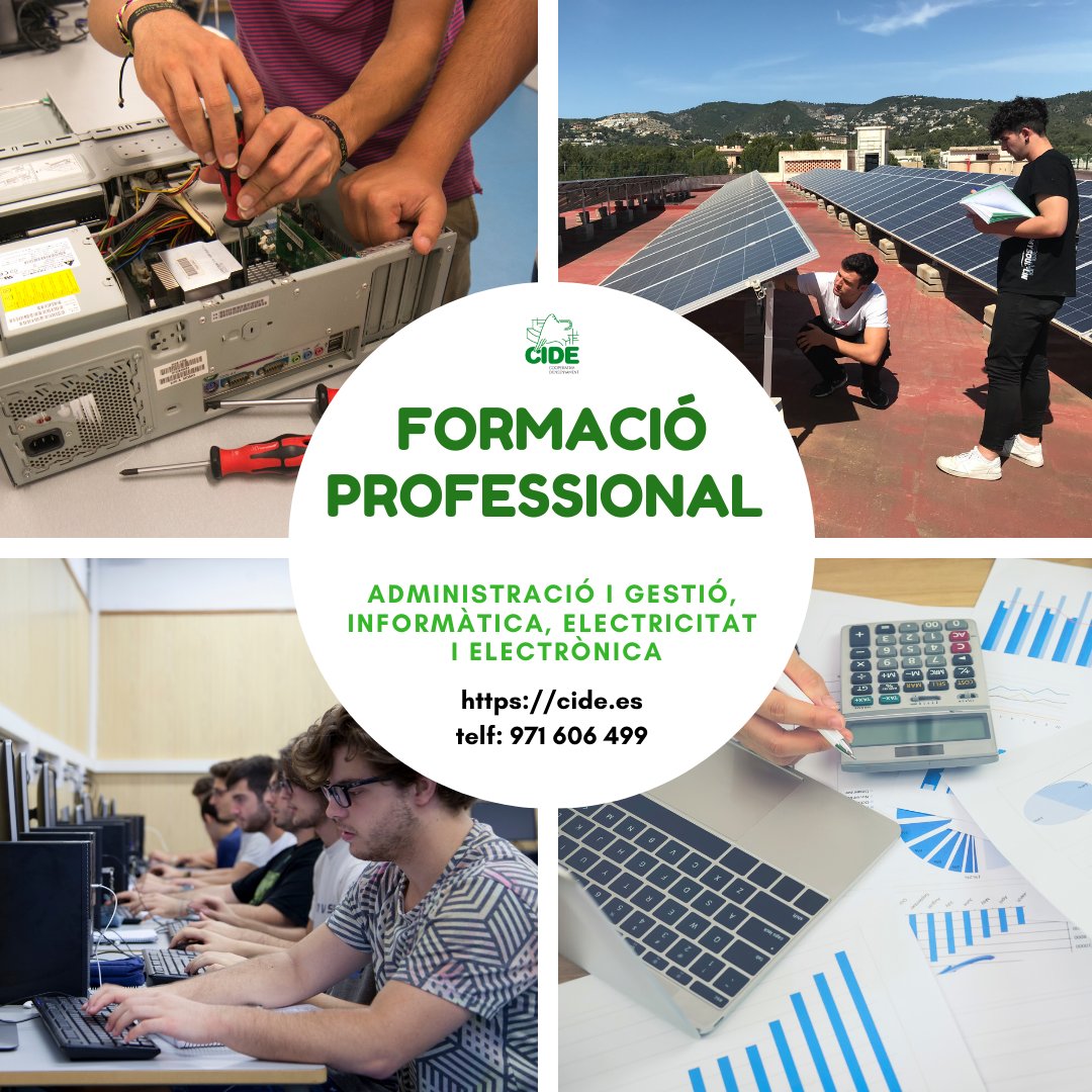 CIDEcooperativa's tweet photo. Inscriu-te als graus bàsic, mitjà i superior que ofereix el CIDE. Aposta per la Formació Professional! Oferim les branques d'informàtica i comunicacions, d'electricitat i electrònica i d'administració i gestió. Si voleu més informació, entrau a https://t.co/BzAo0H7aj1 #fp https://t.co/brTJnd6Ln2