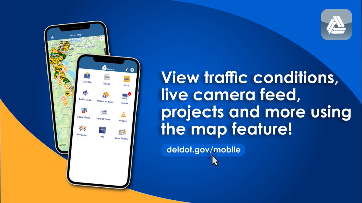 DelawareDOT's tweet photo. #WednesdayWisdom: Have a convenient commute - check the map feature on the #DelDOTApp for traffic conditions, live camera feed of your route, road closures and more! https://t.co/rki4LrT0Ou 📱⚠️ #netde https://t.co/zuaGNpyvIX