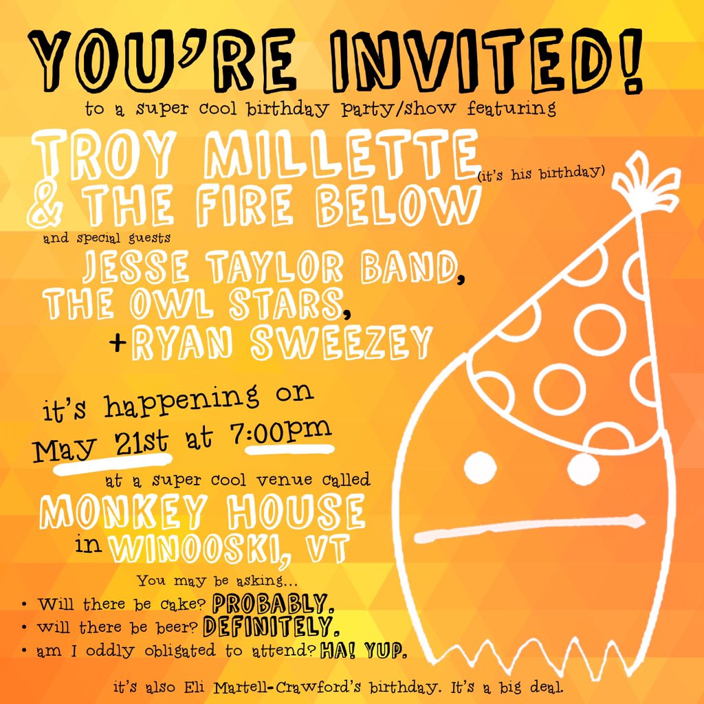 millettemusic's tweet photo. YOU’RE INVITED!

That’s right, everyone is invited to the coolest party in town (and not just because our mom’s were friends or you live next door)!

We’re playing the Monkey House in Winooski, VT on Saturday May 21st to celebrate my 28th Birthday! https://t.co/M0dwdxnRx3