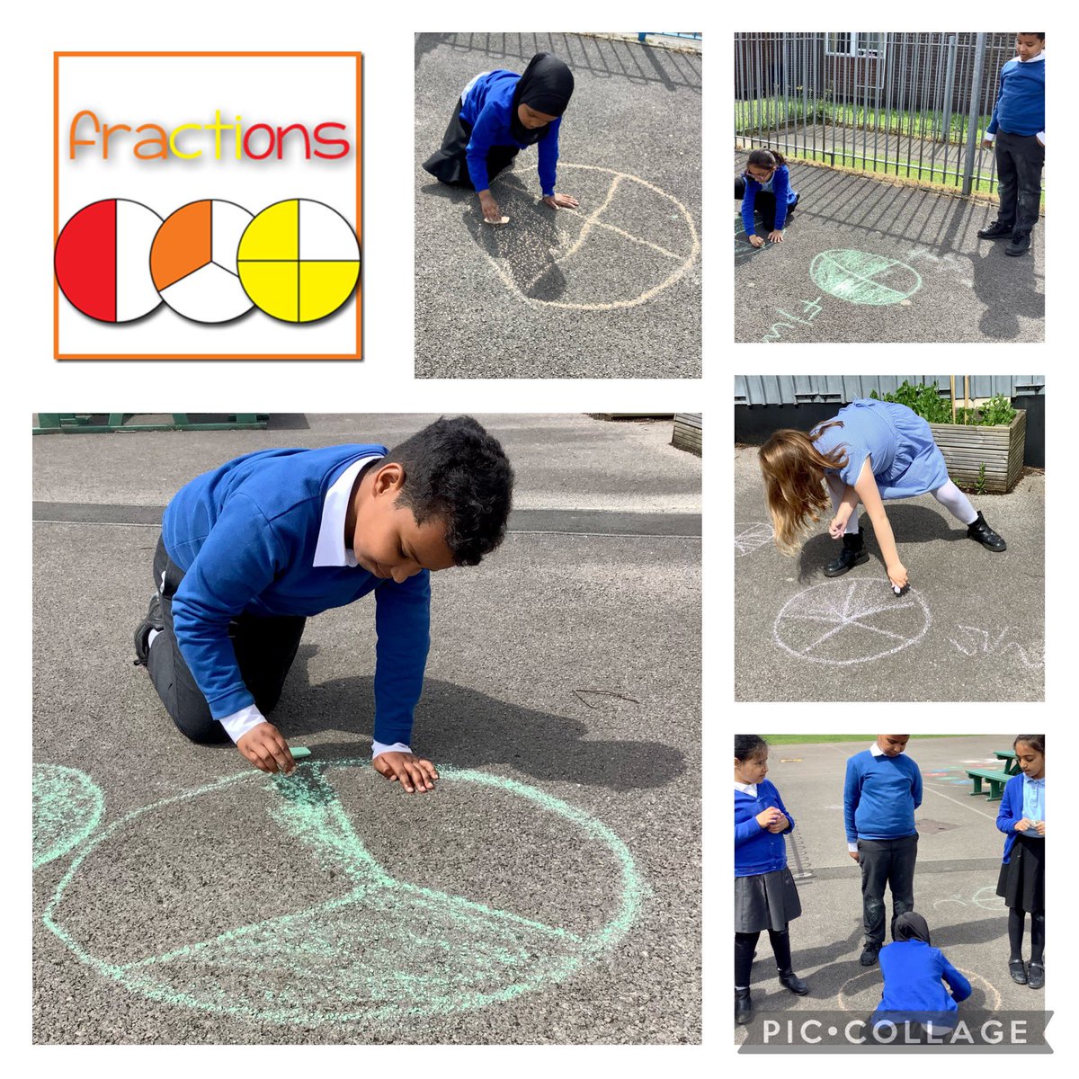 MrsParsonsSMTV's tweet photo. A group of children took their fraction work outdoors today helping to bring maths to life. We explored them on a large scale which was a great way to see #FractionsInAction. @SMTVCardiff @LlandaffEd @csc @CSC_Numeracy https://t.co/WzKFznjML9