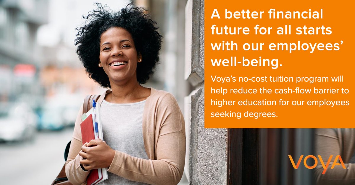Voya's tweet photo. We invest in our #employee well-being, and will soon offer no-cost tuition reimbursement by directly paying a pre-determined list of institutions 100% of tuition costs up to $5,250 per year for our eligible employees. Learn more: https://t.co/UdMVDhrUHr #VoyaDifference #ESG https://t.co/ZMoq9mkLlK