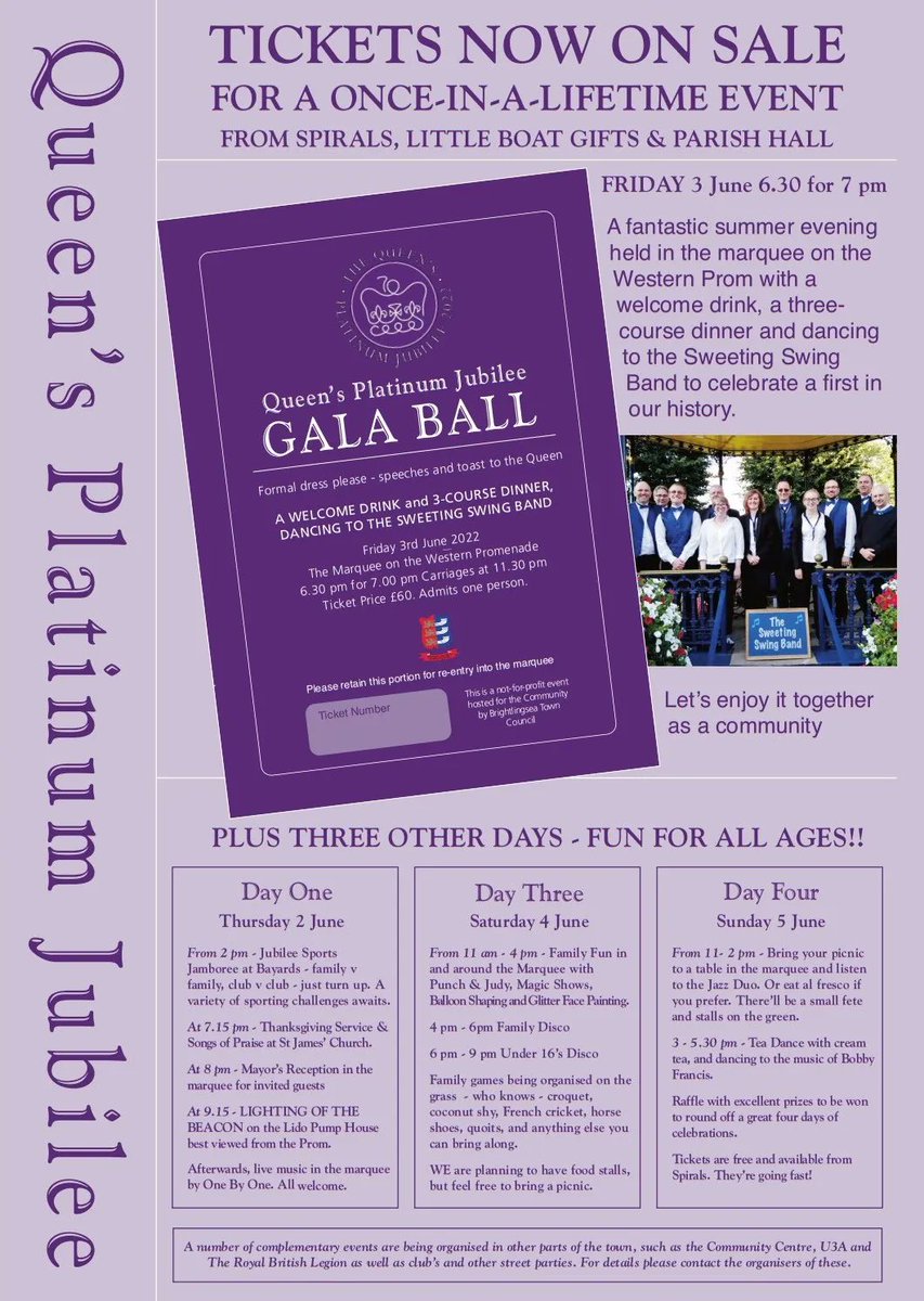 2 DAYS LEFT TO GET YOUR TICKET - Get your ticket for the Gala Ball in the Marquee that will be going up on the Prom for the Jubilee. £60 per ticket includes a three-course dinner & a cheese board. You've only got until Friday 20th to get your ticket and submit your menu choices.