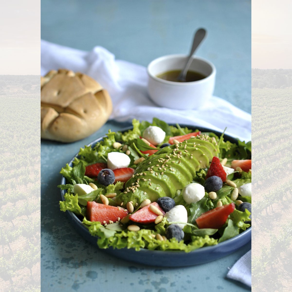 VegadeTera's tweet photo. Hoy os proponemos una espectacular Ensalada de aguacate, fresas y mozzarella.

Y para acompañarla, por supuesto, nuestro ROSADO Sitrama Ecológico Vegano (IGNIS), un vino equilibrado, vivo y con muy buena acidez. https://t.co/iuPTVlKskf