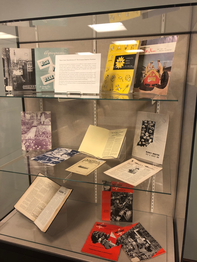 state_library's tweet photo. Check out these company newsletters from the 1920s to the 1970s on display on the second floor of the Indiana State Library. #newsletters #display #IndianaStateLibrary #collections #Indiana #companies https://t.co/BN0HFAY5te