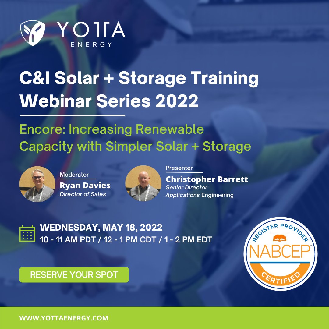 Today, we are looking forward to hosting an encore of our first webinar, Increasing Renewable Capacity with Simplified Solar + Storage! 🔋⚡ 
👀Won't be able to attend? Don't worry. Stay tuned to reserve your spot for our next webinar.