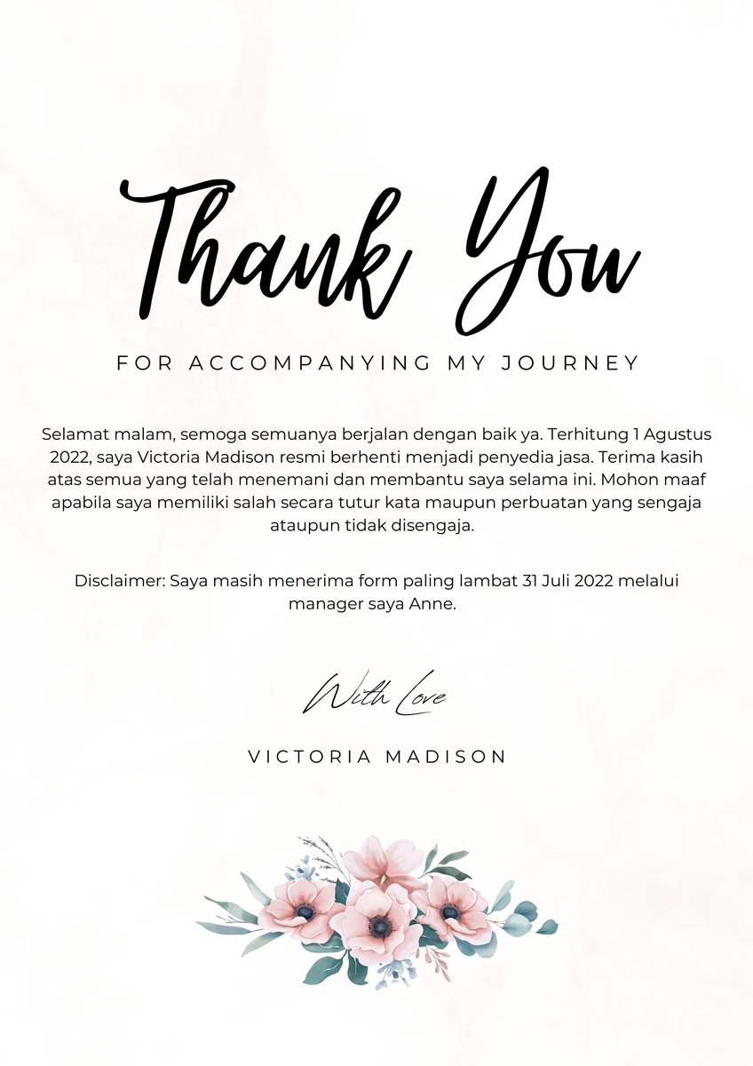 aphrocdi's tweet image. [   ANNOUNCEMENT  ]

I bid my warmest greetings to all of you, allow me to say an announcement regarding my time here as a talent. It’s been a pleasant journey for me as a talent. Thank you for accompanying me more or less this 17th months. 

Regards, 
Madison

Cc: @Lethologicca