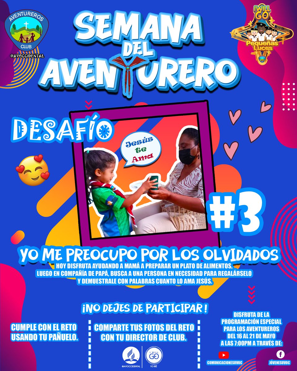 avoccidental's tweet photo. Buen día querido aventurero 💖 ¡Continuamos con los desafíos! 💌
¡Siiiii! 🥳🥳🥳

¡El reto de hoy es súper especial! *No dejes de participar*💨

¡Recuerda usar tu pañuelo! 🧒🏼👦🏽👧

#aventureros
#desafioaventureros2022
#semanadelaventurero https://t.co/sZpYGf9a2q